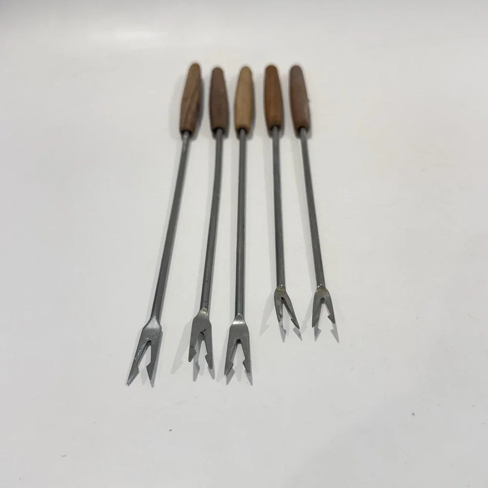 Vintage Fondue Fork Utensil‎ Set of 5 Stainless Steel w Wooden Handles Japan